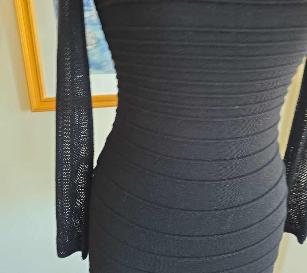 💙Forever 21 Black Long-Sleeve Ribbed Sheer-Sleeve Bodycon Dress - Picture 5 of 13